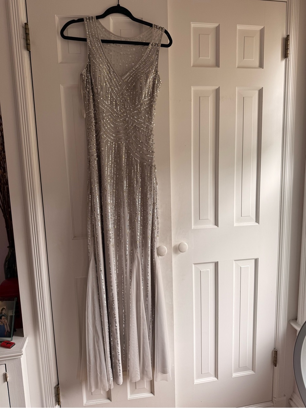Aidan Mattox Silver Sequin Embellished Evening Gown
